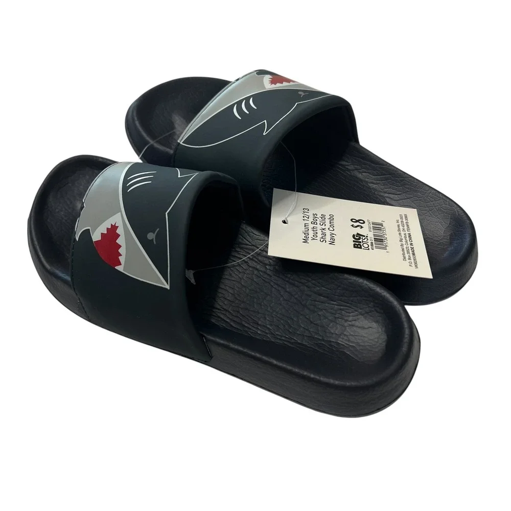 Youth Boys Shark Slides Big Lots Navy Combo Sandals Size 12/13‎ Pool Summer